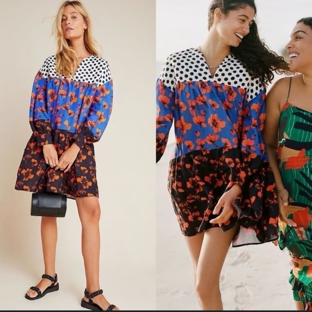 Anthropologie Long Sleeve Polka Dot and Floral Dress